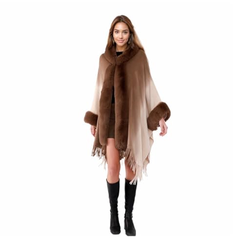 Women Hooded Poncho Cape Faux Fur Trim Shawl Wrap with Tassel Faux Fur Collar Cardigan Cloak for Party Evening