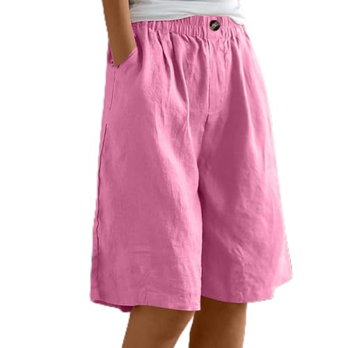 Bermudas Mujer Longitud de la Rodilla Pierna Ancha Cómodo Algodón Lino Elástico Pantalones Cortos Cintura Alta Estiramiento Señoras Bragas Verano Sólido Pantalones Cortos con Bolsillos Yoga Active