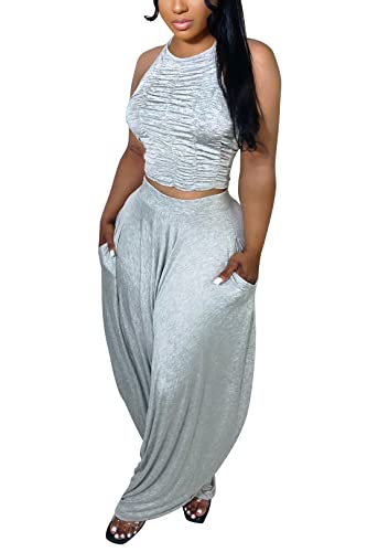 Wokanse Women Casual Solid 2 Piece Outfits Jumpsuits Sleeveless Halter Ruched Crop Tops Loose Leg Pants Set Tracksuits Grey M #TOP19