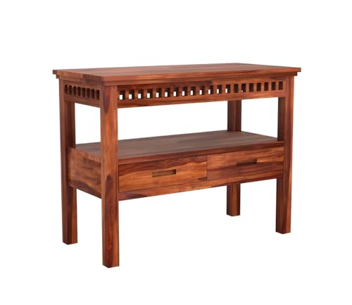 Image of Sheesham Wood Console Table for Living Room | Solid Wood Entryway Hallway Sofa & Fish Tank Table with 2 Drawers & Shelf Storage | Rosewood Honey Finish