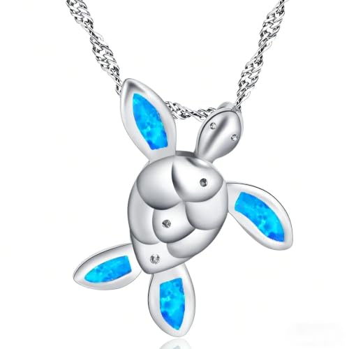 Collier tortue de mer en or blanc et bleu avec sa chaîne tressée ajustable pour femme
