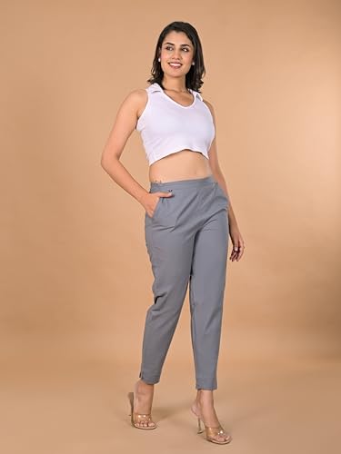 Image of D K W Women's Mid Rise Relaxed Fit Cotton Flex Trousers with Elastic Back & Drawstring - Ideal for Winter, Formal, Office & Casual Wear, Comfortable for Girls and Women
