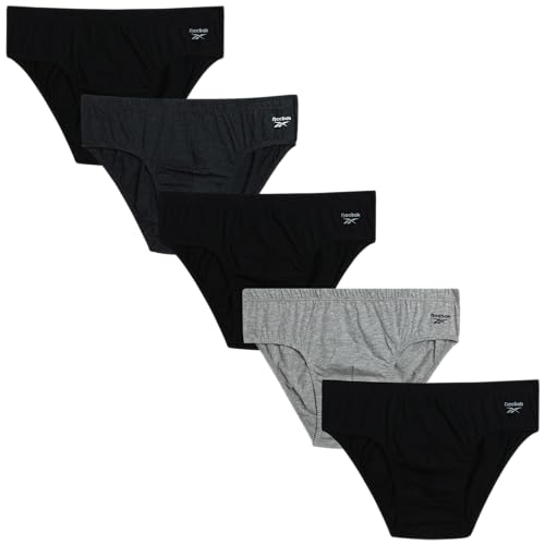 Reebok Low Rise Mens Briefs - 5 Pack Soft Cotton Underwear with Supportive Contour Pouch - Supportive Fit for Everyday Wear, Size Large, Black/Heather Grey/Charcoal Heather