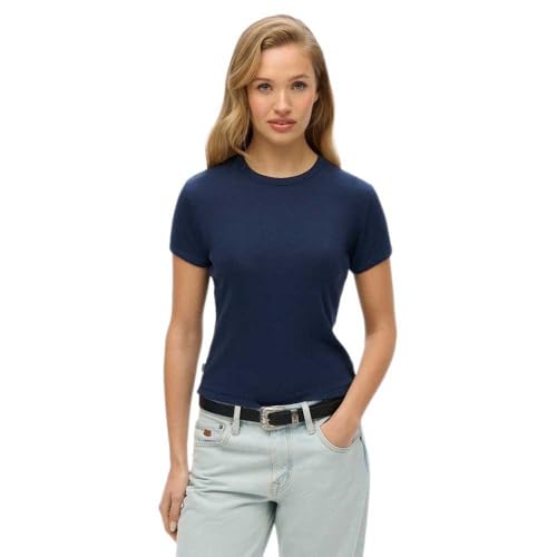 Superdry Damen Geripptes Athletic Essentials T-Shirt mit Logo Kräftiges Marineblau 42