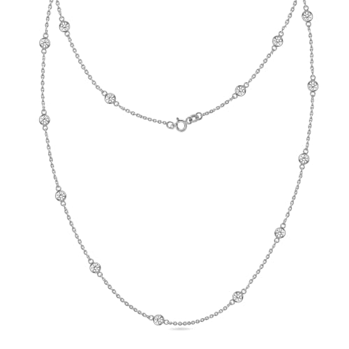 Image of LeCalla 925 Sterling Silver Jewelry Italian Design Round Cubic Zirconia CZ Station Necklace Cable Chain Statement Necklace for Women 20 Inches
