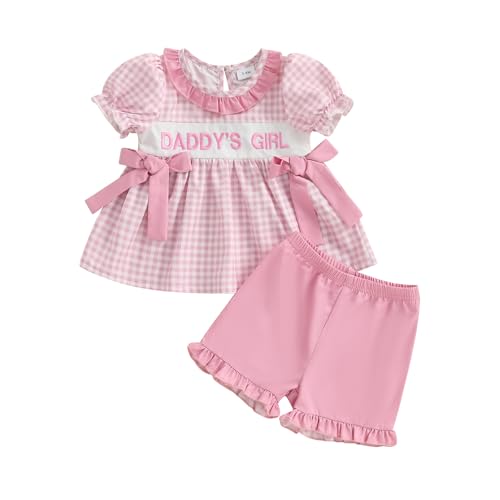 Finegoodwei Toddler Baby Girl Summer Outfit Letter Embroidery Plaid Bows Ruffled Trim Short Sleeve Tops with Shorts 2 Pcs Set (Pink, 9-12 Months)