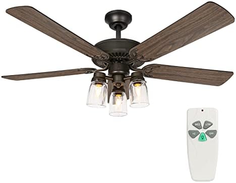 hykolity 52 Inch Indoor Oiled Bronze Ceiling Fan with Remote Control, Industrial Ceiling Fan with Lighting, Reversible Motor and Blades, ETL Listed for Living Room, Bedroom, Basement, Kitchen