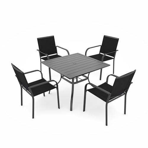 Image of Anmutig 5 Piece Patio Dining Set, Outdoor Black Stackable Chairs and 35 inch Square Metal Patio Table with 1.57 inch Umbrella Hole for Garden Backyard Deck, Black