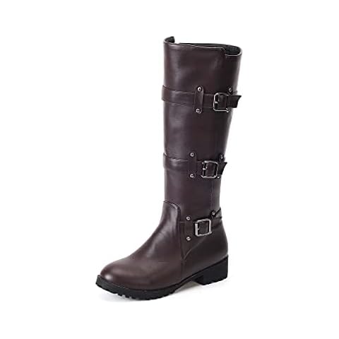 PUSBON Women's Low Block Heel Round Toe Buckled Knee High Zipper Boots Brown Cover