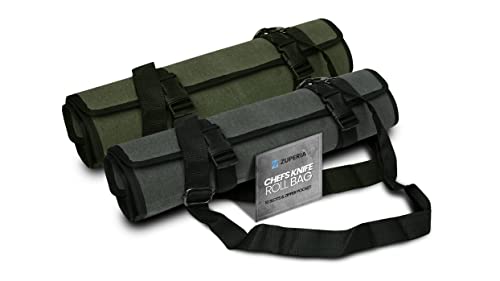 Zuperia Chef’s Knife Roll Bag- 2 Pack, Waxed Canvas Knife Cultery Carrier, Portable Chef Knife Cases, Knife Pouch Holders-10 Slots & 1 Zipper Pocket- Hold Kitchen Knife Tools Up To 18.8” (Grey/Green) #TOP2