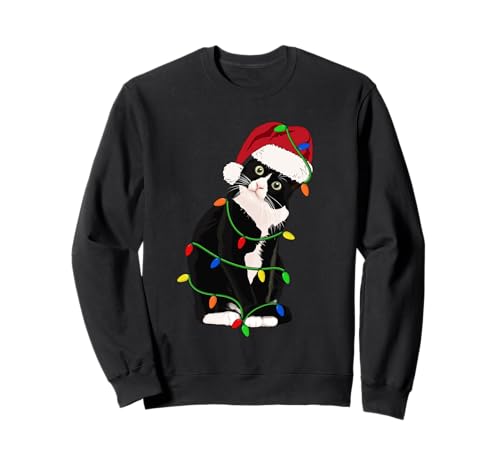 Tuxedo Cat Meow Santa Tuxie Christmas Tree Lights Cat Catmas Sweatshirt