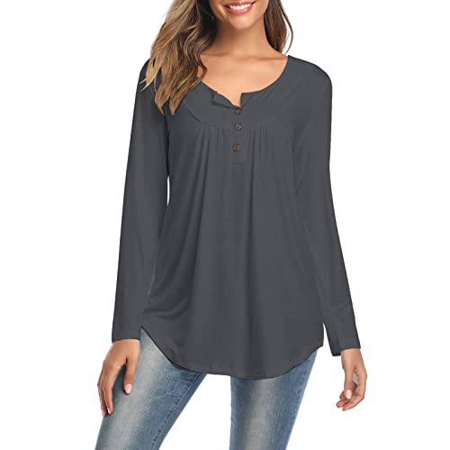 Ayoiow Camiseta de manga larga para mujer, de algodón, cuello redondo, manga larga, color sólido, casual, camisetas para mujer, gris, L Cover