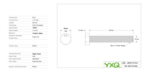 Image of M12x80mm Hex Head Screw Bolt Class 8.8 Carbon Steel Metric Full Threaded Right Hand Black 2-Pack