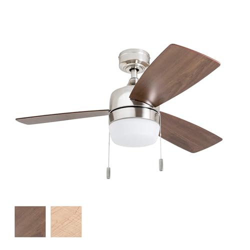 Honeywell Ceiling Fans Barcadero Modern 44 Inch Ceiling Fan with Light, Pull Chain LED Indoor Fan with 3 Blades, Maple and Brown Maple Blade Finish Options, Brushed Nickel (50616-01)