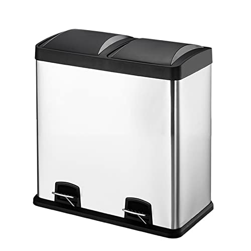 Poubelles Bac à double recyclage 60L, poubelle en acier inoxydable, poubelle à pédale de déchets alimentaires, couvercles en plastique, compartiments amovibles de 2x30 litres for séparer les déchets