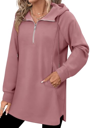 onlypuff Women Hoodie Pullover Trendy Quarter Zipper Lapel Sweatshirts Drawstring Cute Hooded Tunic Tops with Side Pockets