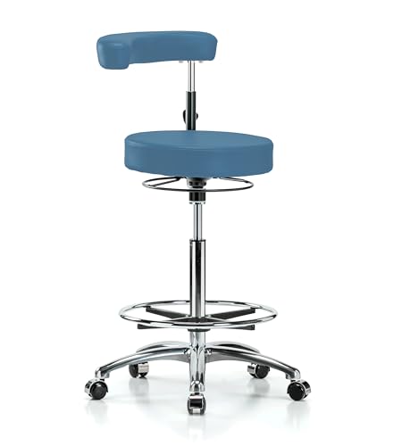 Image of Perch Chrome Rolling Dental Stool Adjustable Height with Procedure Arm and Foot Ring | High Bench Height 24.5-32 inch | Colonial Blue Vinyl