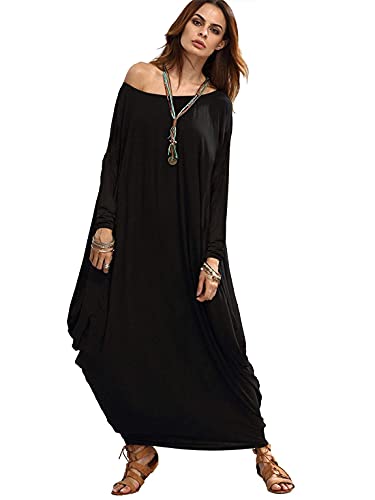 Verdusa Women's Boat Neck Batwing Long Sleeve Baggy Caftan Harem Oversized Maxi Dress Black M #TOP2