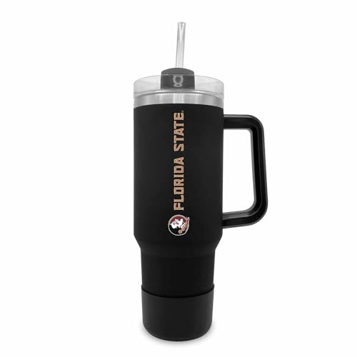Image of Florida State Seminoles 40 oz Tumbler with Handle and Straw - Black | Officially licensed Florida State Seminoles insulated tumbler - Go Noles; vacuum-sealed stainless steel; straw included