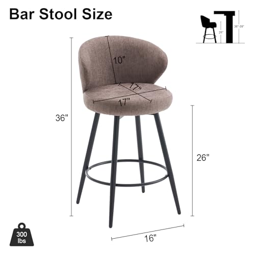 Image of 360 Swivel Modern Bar Stool Set of 4, 26 inch Upholstered Counter Height Bar Stools with Wingback, Soft Linen Fabric, Counter Chairs with Arm for Kitchen Island or Home Bar, Brown