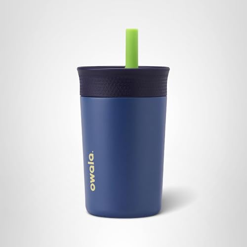 Owala Kids Insulation Stainless Steel Tumbler with Spill Resistant Flexible Straw, Easy to Clean, Kids Water Bottle, Great for Travel, Dishwasher Safe, 12 Oz, Navy and Blue (Home Base)