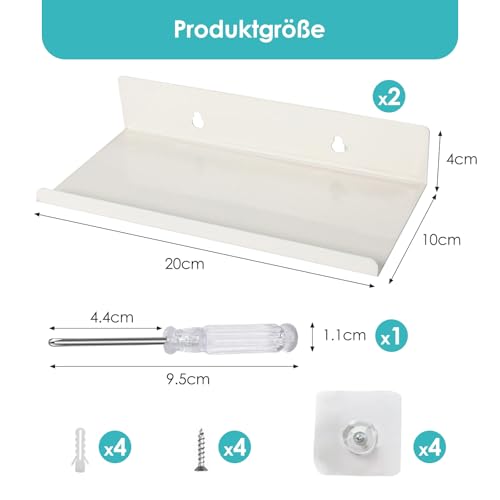 QITIXI:OU 2 Stück 20cm Weiß kleine Wandregale, Selbstklebend Kleines Wandregal Schwarz Metall, Schwebendes Regal Badezimmer, Maximale Belastung 10 kg, Ohne Bohren Regal Wand Bad für Bad Küche Büro