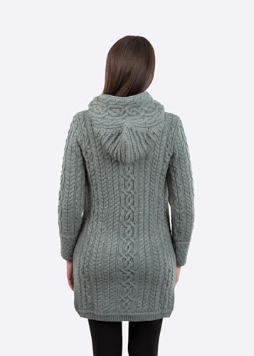 Image of SAOL Ladies Irish Aran Zip Cardigan - 100% Merino Wool Coat with Pockets and Hood, Made in Ireland