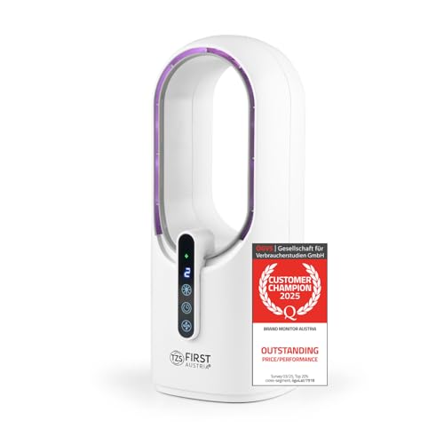 TZS First Austria - Ventilador de Mesa a Batería - 5W - 3 Velocidades & Temporizador - Ventilador sin Aspas Silencioso con Luz Nocturna 7 Colores & USB-C - Táctil - Blanco