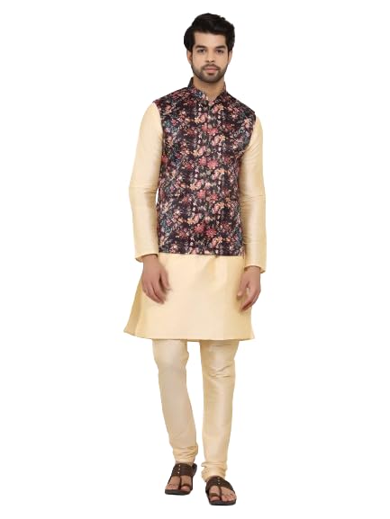jexi Men's Silk Blend Knee Length Plain Solid Mandrin Collor Full Sleeve Kurta Chudidar Pyjama with Floral Print Nehru Jacket/Modi Jacket Set-picture-48