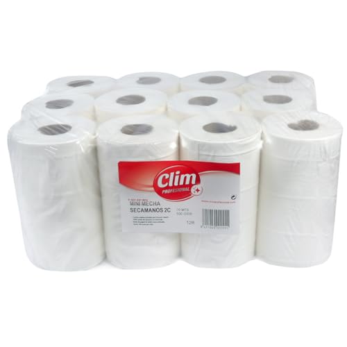 Clim Profesional 12 Rollos de Papel Secamanos Mini Mecha Doble Capa Muy Resistente y Absorbente. Pack 12 bobinas. Apto para Uso Profesional y Doméstico