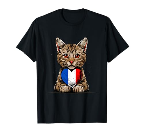 Cute Cat French Heart French Flag French Roots France T-Shirt
