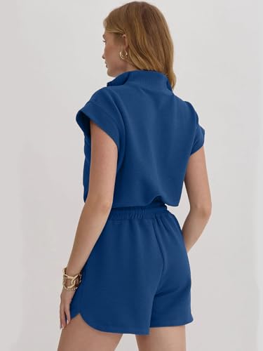 Image of Rompers for Women Summer Short Sleeve Half Zip Lapel Collar Jumpsuit Casual Drawstring One Piece Outfits with Pockets