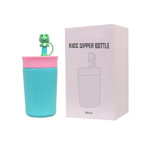 Image of LHOTSE Kids Sipper Bottle for Toddlers with Straw Lid, BPA Free Leak Resistant Training Cup, Easy Grip Design Cute Frog Cap for School Travel (Blue, 350 ML)
