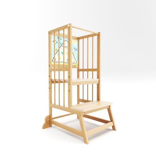 Toddler Step Stool, Toddler Tower Kitchen Helper, Adjustable Height Children's Wooden Kitchen Stool Helper, Kids Tower for Learning with Removable Safety Railing, Ages 18 mos. to 3 yrs(Wood)