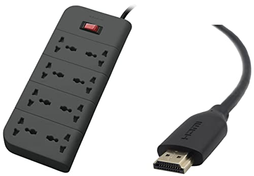 Image of Belkin Essential Series 8-Socket Surge Protector Universal Socket with 6.5ft Heavy Duty Cable (Grey) & F3Y021bt5M High Speed HDMI Cable with Ethernet - 5 Meter (Black)