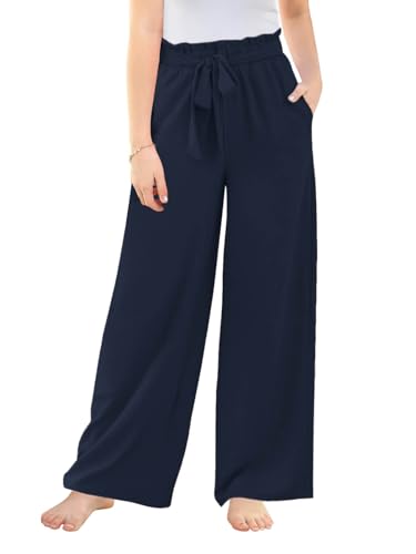 Image of Haloumoning Girls Wide Leg Pants High Elastic Smocked Waist Casual Flowy Cute Long Trousers