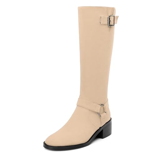 Women's Knee High Boots Buckle Fashion Side Zipper Knee High Bootie Round Toe Chunky Heel Solid Suede Knee High Boot