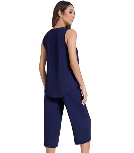 Image of NACHILA Pajamas for Women-Viscose Made from Bamboo, Sleeveless Pjs Top with Capri Pants Pajama Set Cool Pleated Sleepwear