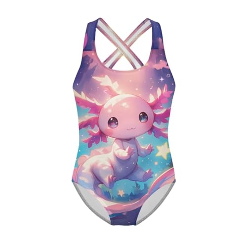 Image of Girls One Piece Swimsuit Axolotl Cross Back Straps Bathing Suit Lightweight Quick Dry Gymnastics Leotard