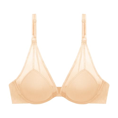 Soutien-Gorge à Armatures en Dentelle et Maille Transparente Beige