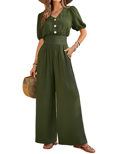 LOOKBOHO Womens Jumpsuits Formal Smocked High Waist Short Sleeves Wide Leg Rompers Dressy V Neck One Piece Army Green S