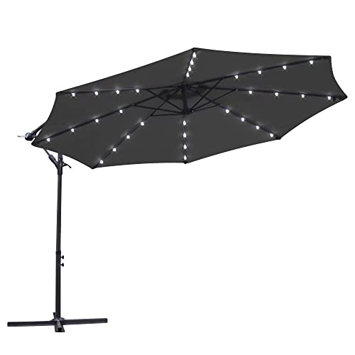 Green Bay Garden Banana Parasol Solar LED Lights 3m Sun Shade Shelter Crank Hanging Rattan Cantilever Outdoor Umbrella Black
