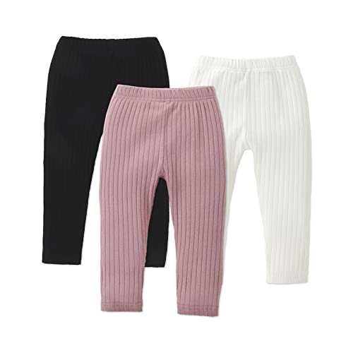 Image of PATPAT Baby Girls Leggings Infant 3 Pack Ribbed Solid Pants Little Girls Stretch Leggings Footless Tights
