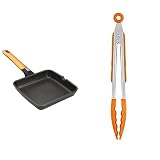 BRA Efficient Orange - Grill Asador Liso, Aluminio Fundido Con Antiadherente Platinum Plus, Apto Para Inducción, 28 Cm + Efficient Pinza De Cocina, Acero Inox, Nailon Y Silicona, Naranja, 28.5 Cm