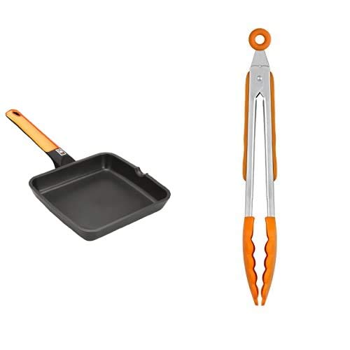 BRA Efficient Orange - Grill Asador Liso, Aluminio Fundido Con Antiadherente Platinum Plus, Apto Para Inducción, 28 Cm + Efficient Pinza De Cocina, Acero Inox, Nailon Y Silicona, Naranja, 28.5 Cm