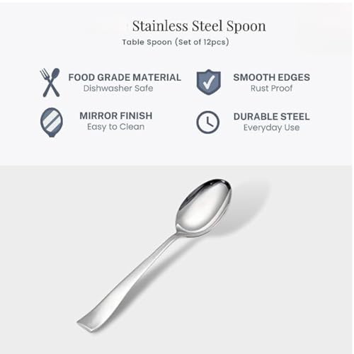 Image of 12 Stainless Steel Spoons Set, Dinner Spoon Length 16cm, Food Grade Silverware for Home & Kitchen- Mirror Polished, 12 Silver Spoons (12 pcs Stainless Spoon)