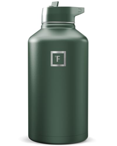 Image of IRON FLASK Camping & Hiking Hydration Flask with Straw, Wide Mouth Insulated Stainless Steel Sports Water Bottle - Dark Pine 64 oz - Straw (1 Lid)