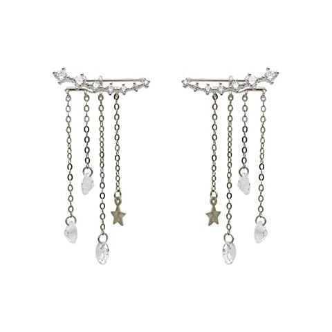 Zircon Tassel Earrings for Women Sparkling Earring Chain Ear Cuffs Hoop Climber Stacked Earring Design (Silver) Cover