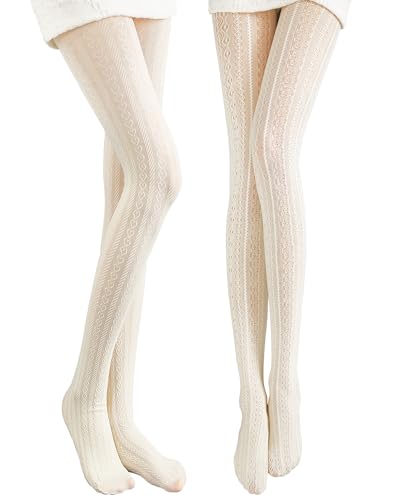 JaGely 1/2/3 Pair White Lace Tights for Women White Fishnet Hollow out Knitted Tights Lolita Stockings Lace Strips Pantyhose (2 Pairs Heart Hollow Style 90g)