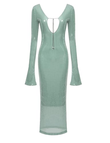 meilun Deep V Dress with Drawstring Long Sleeve Sequin Dress